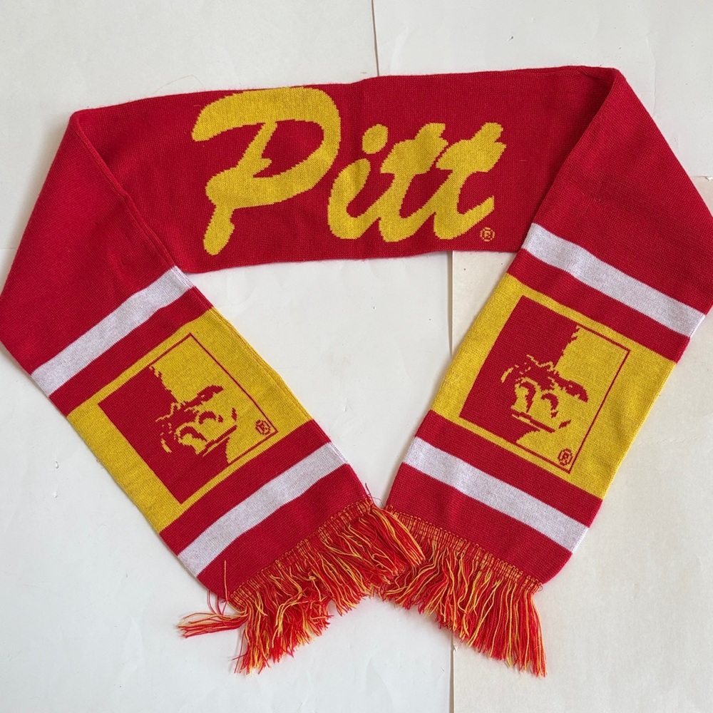 Pitt Forever Collectibles Red/Yellow/White Knit Fringed 2 Sided Scarf 7.5” x 64”